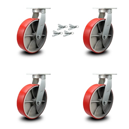 Service Caster 10 Inch Heavy Duty Red Poly on Cast Iron Caster Set with Swivel Locks, 4PK SCC-KP92S1030-PUR-RS-BSL-4